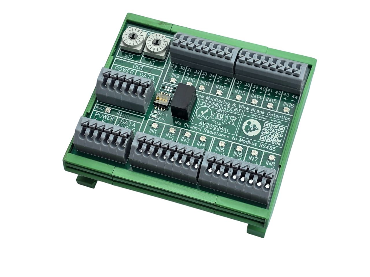 Modbus-meetmodule met 16 ingangen in DIN-railbehuizing, schuin van voren (getoond: print van de AV251228A1)