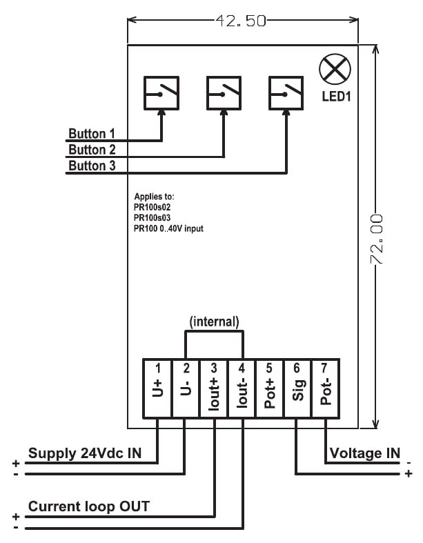 Aansluitschema PR100s02 en PR100s03: voeding op klem 1 en 2, stroomuitgang op klem 3 en 4, spanningsingang op klem 6 en 7