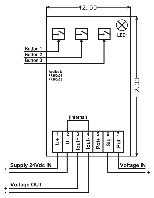 Aansluitschema PR100s04 en PR100s05: voeding op klem 1 en 2, spanningsuitgang op klem 3 en 4, spanningsingang op klem 6 en 7