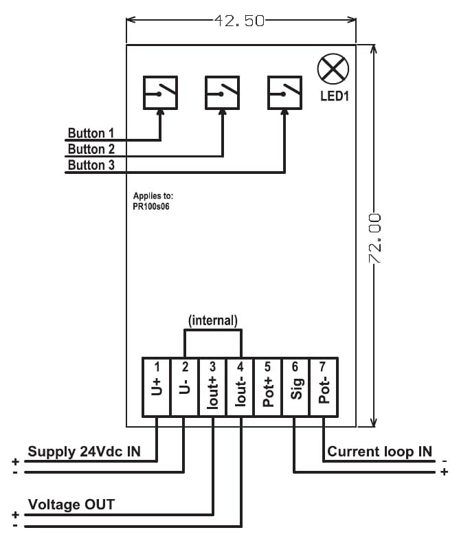 Aansluitschema PR100s06: voeding op klem 1 en 2, spanningsuitgang op klem 3 en 4, stroomlus-ingang op klem 6 en 7
