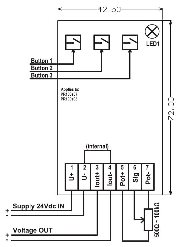 Aansluitschema PR100s07 en PR100s08: voeding op klem 1 en 2, spanningsuitgang op klem 3 en 4, potmeter op klem 5, 6 en 7