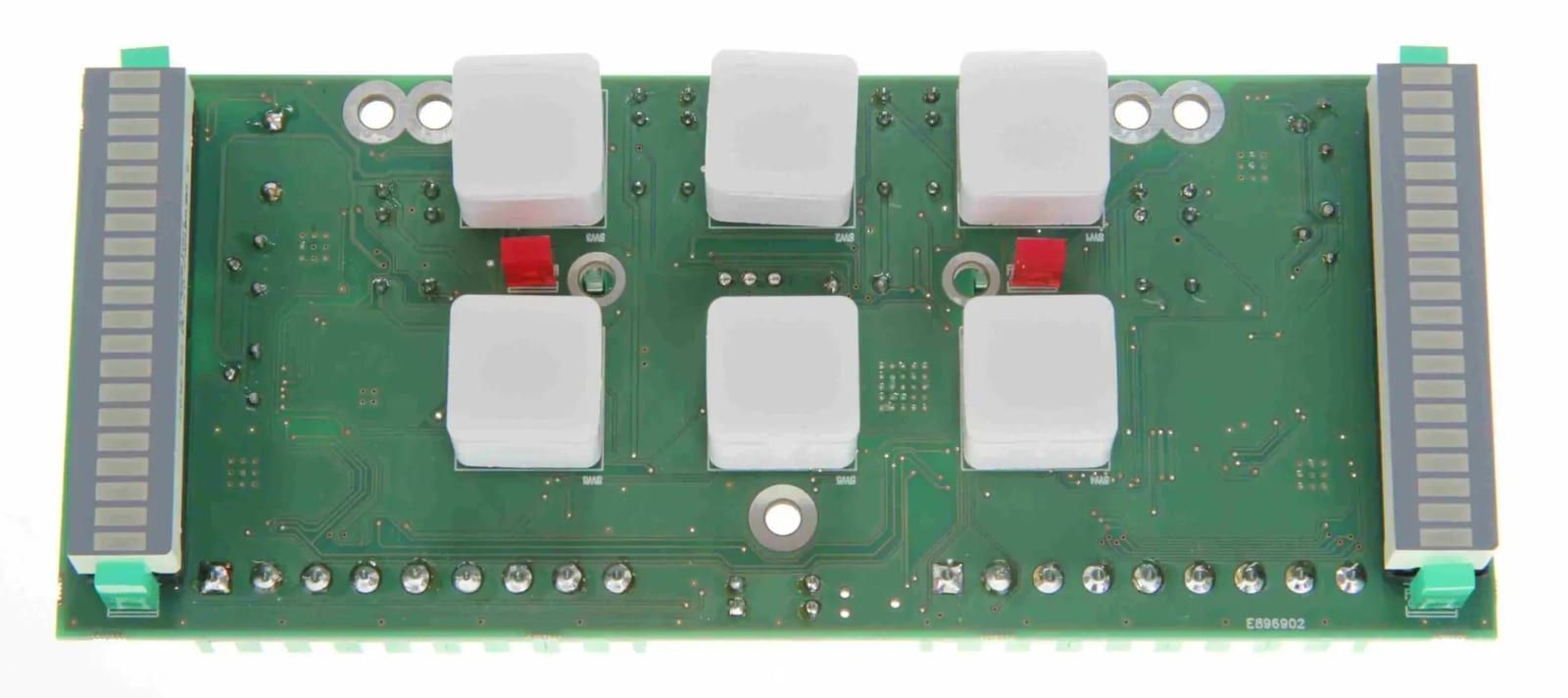 PR116-print, voorkant: zes drukknoppen, twee rode leds en twee led-bars