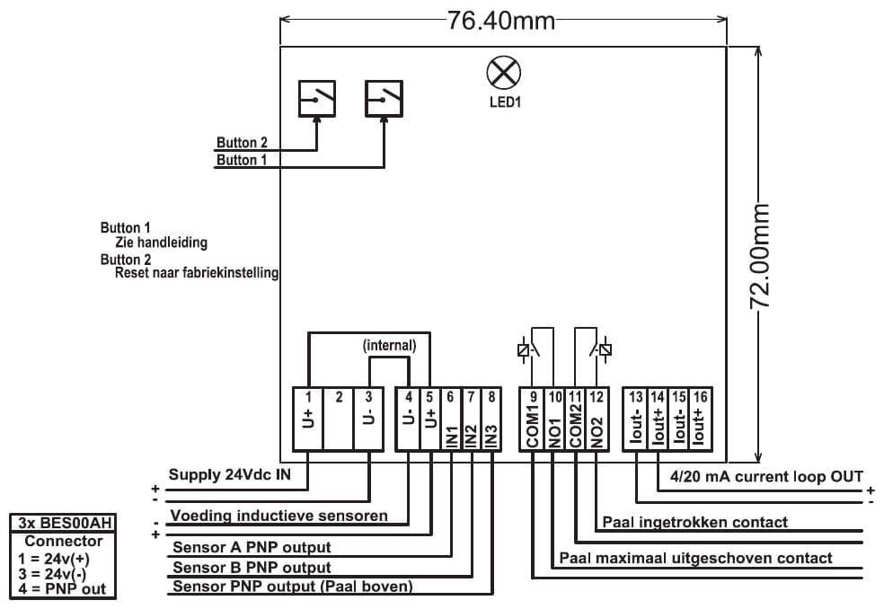Aansluitschema PR134s01: voeding 24 V DC, drie inductieve sensoren, contacten paal ingetrokken en maximaal uitgeschoven, 4-20 mA-uitgang