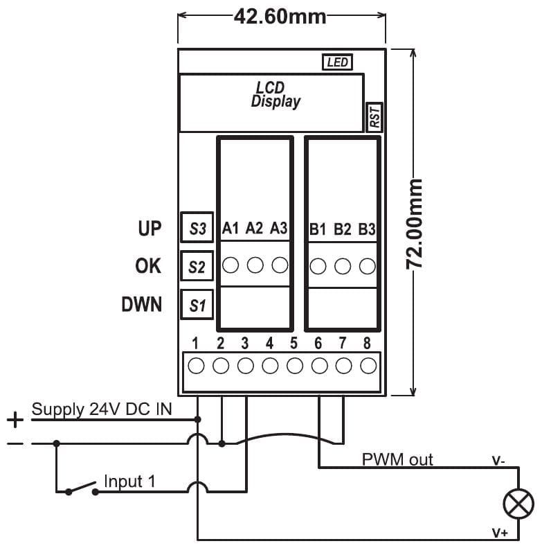 Aansluitschema en maten PR142s66 (42,6 x 72 mm): voeding 24 V DC op klem 1 en 2, schakelaar tussen klem 2 en 3, verlichting tussen klem 1 en 6, klem 2 en 7 doorverbonden