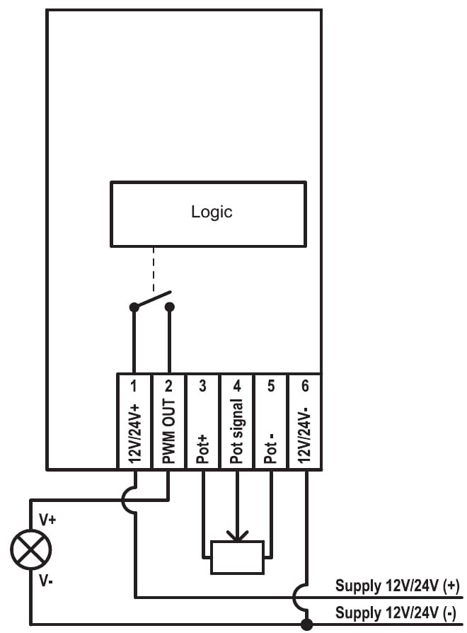 Aansluitschema PR142x02: lamp tussen klem 2 en 6, potmeter op klem 3, 4 en 5, voeding 12 of 24 V DC op klem 1 en 6