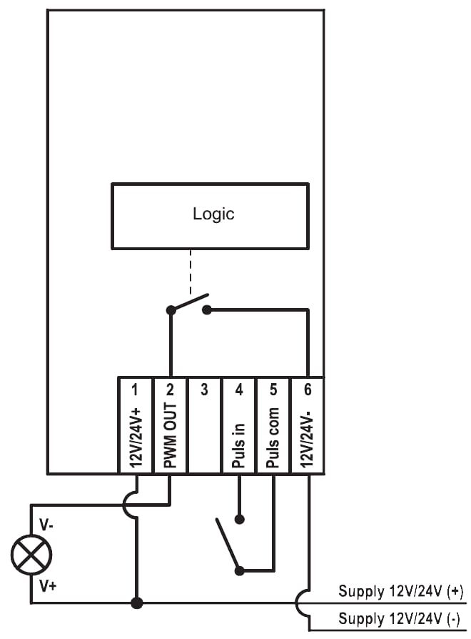 Aansluitschema PR142x03: lamp tussen klem 1 en 2, pulscontact tussen klem 4 en 5, voeding 12 of 24 V DC op klem 1 en 6