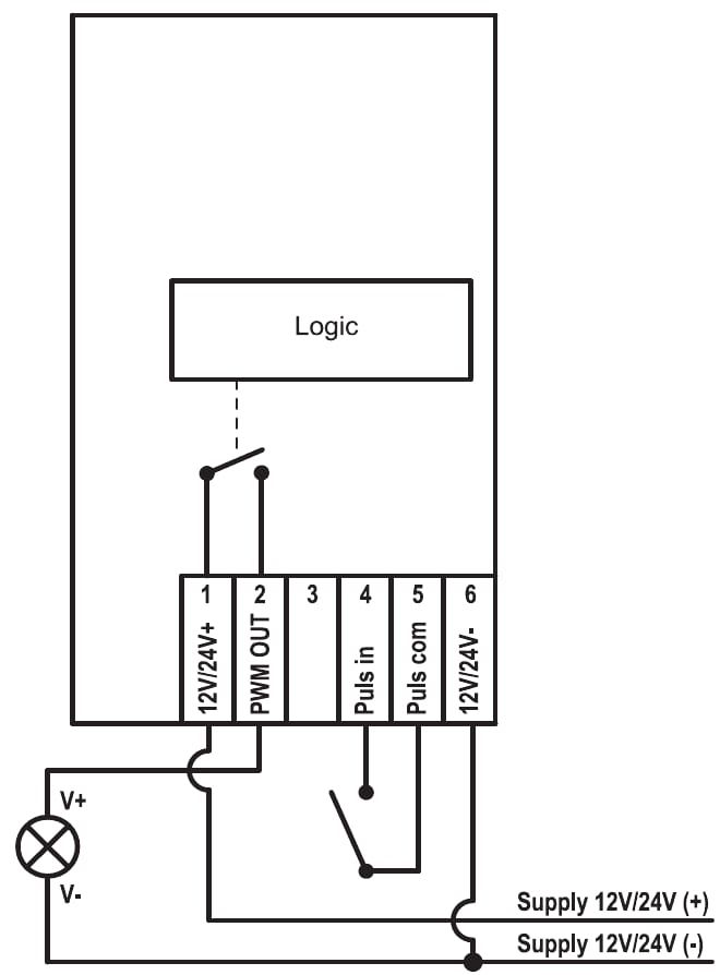 Aansluitschema PR142x04: lamp tussen klem 2 en 6, pulscontact tussen klem 4 en 5, voeding 12 of 24 V DC op klem 1 en 6