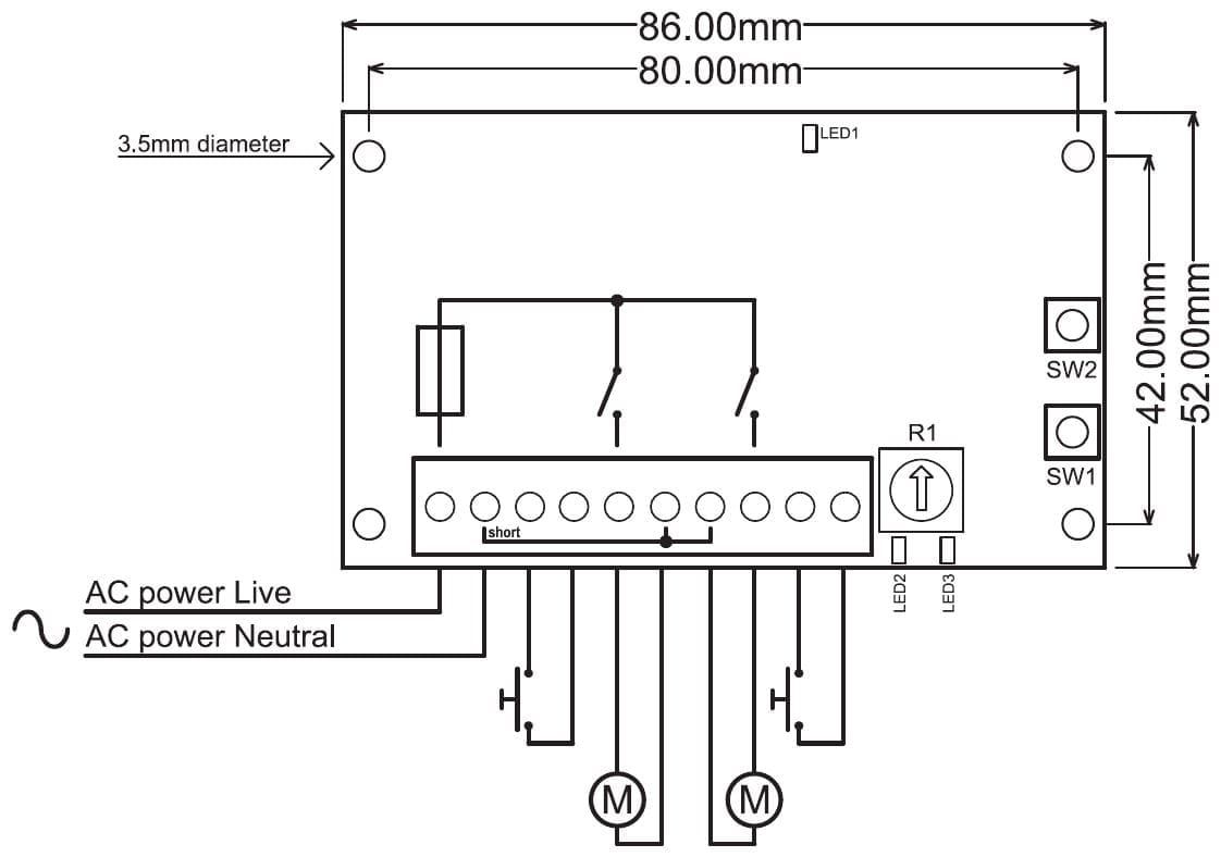 Aansluitschema en maattekening PR145s01 (230 V AC): voeding, twee drukknoppen en twee pompen; print 86 x 52 mm