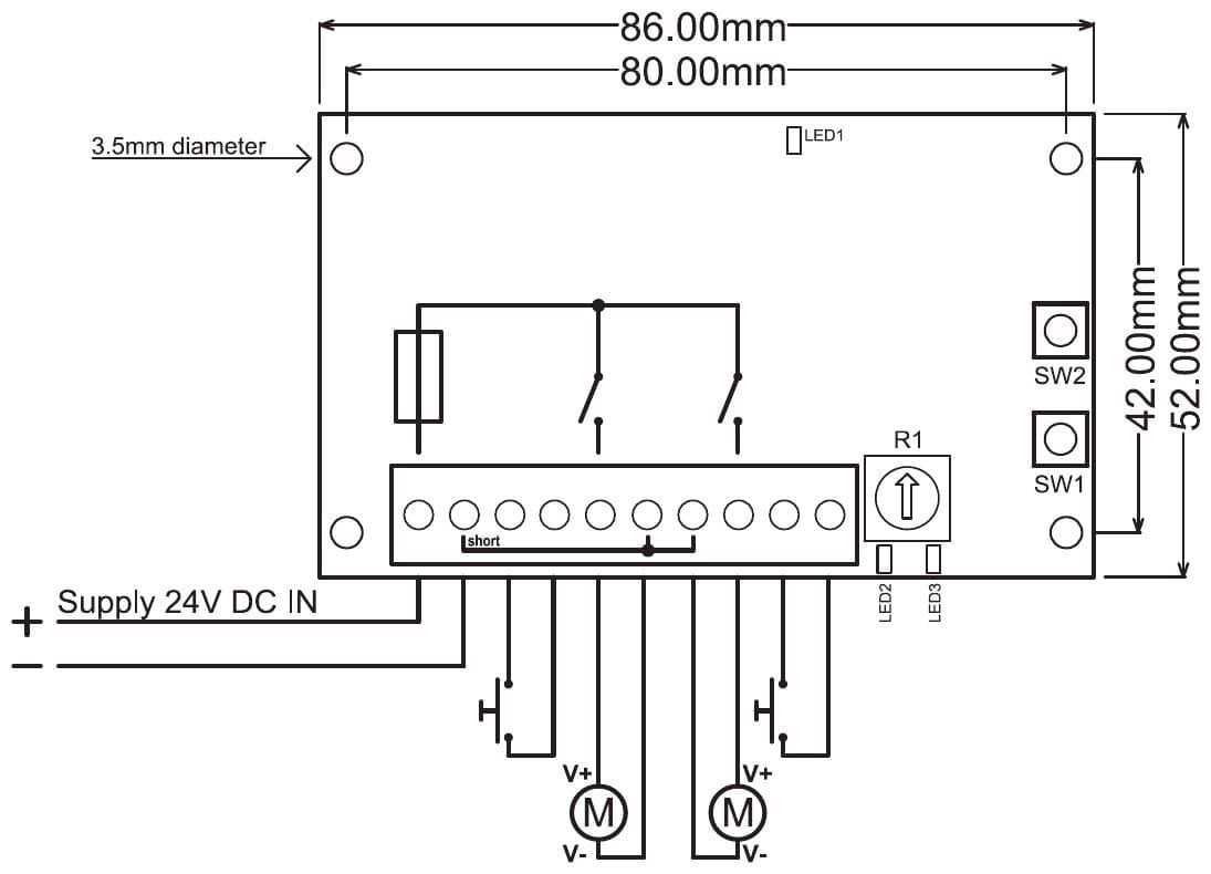 Aansluitschema en maattekening PR145s02 (24 V DC): voeding, twee drukknoppen en twee pompen; print 86 x 52 mm