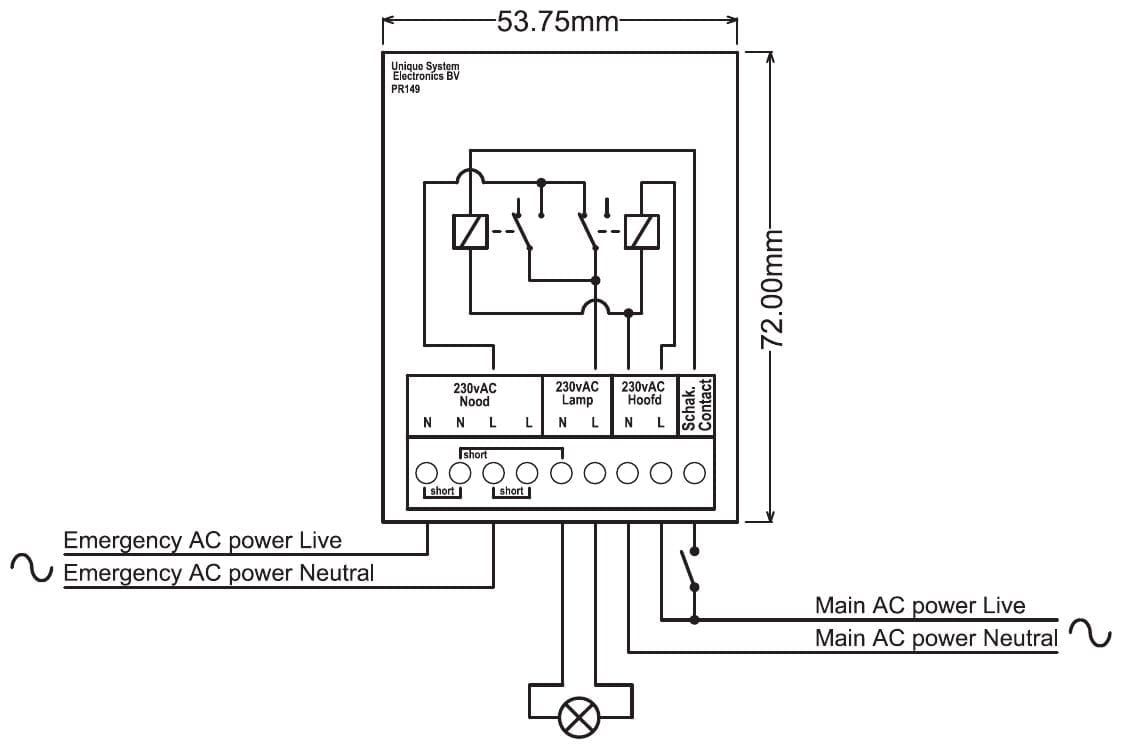 Aansluitschema en maattekening PR149: noodcircuit, hoofdcircuit met wandschakelaar en lamp; print 53,75 x 72 mm