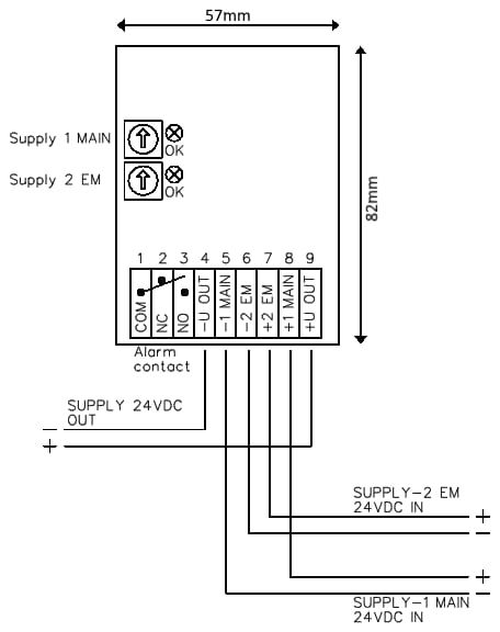 Aansluitschema en maattekening PR150: hoofd- en noodvoeding 24 V DC, uitgang naar de belasting en alarmcontact op klem 1 tot en met 3; 57 x 82 mm