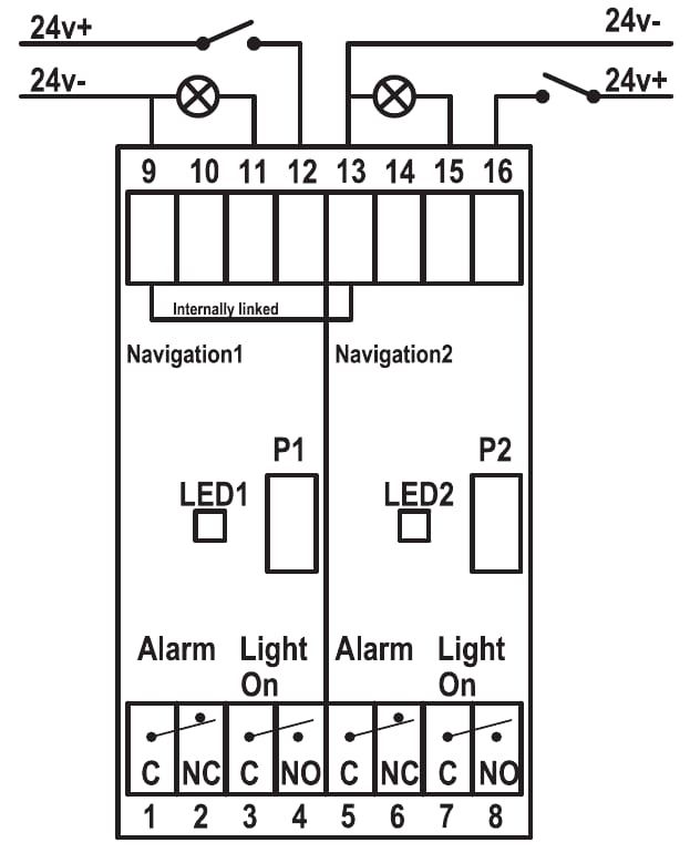 Aansluitschema PR153: twee navigatielampen op klem 9 tot en met 16, alarm- en indicatiecontacten op klem 1 tot en met 8
