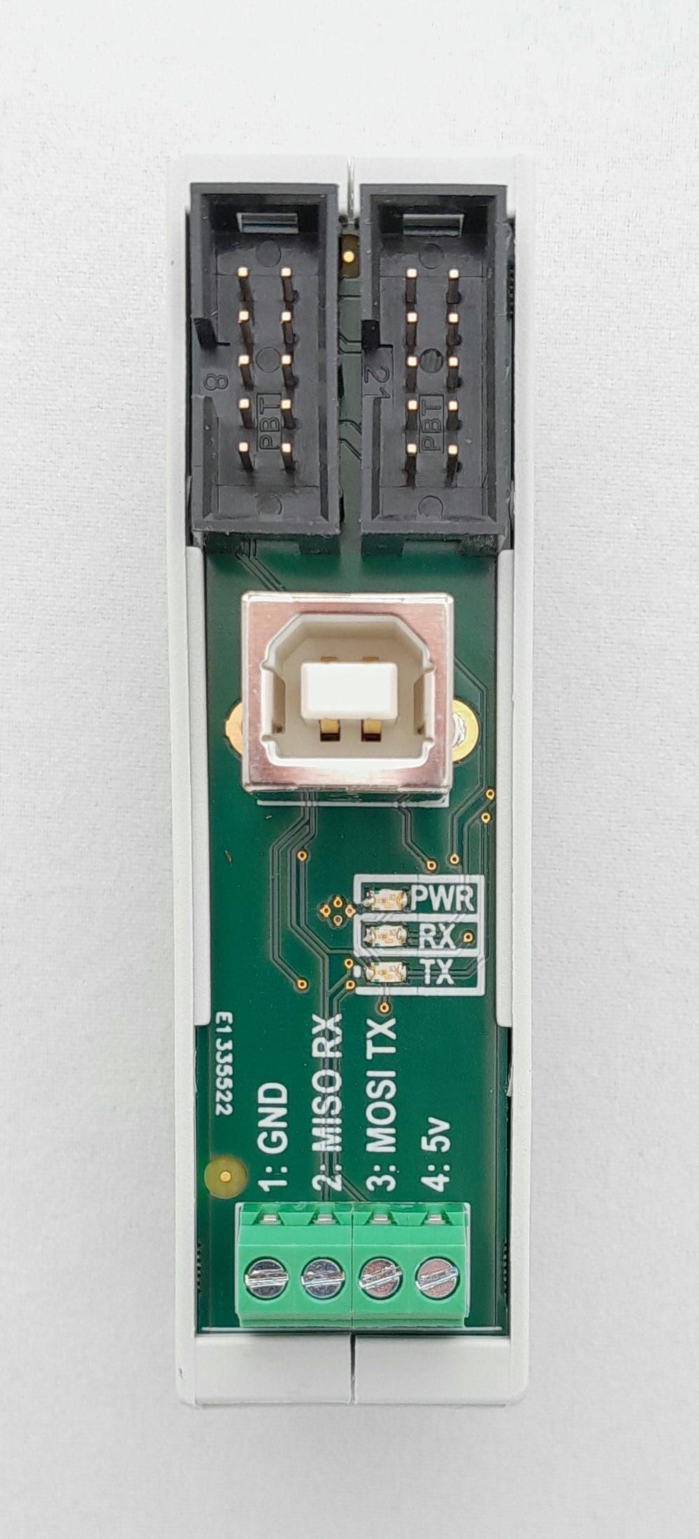 PR157s05 van boven: USB-aansluiting type B, leds PWR, RX en TX en klemmen GND, RX, TX en 5 V