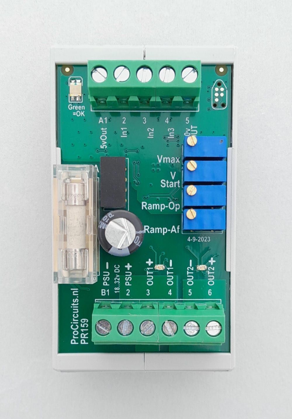PR159 board from above: terminals A1 to A5 and B1 to B6, four trimmers, fuse and LED