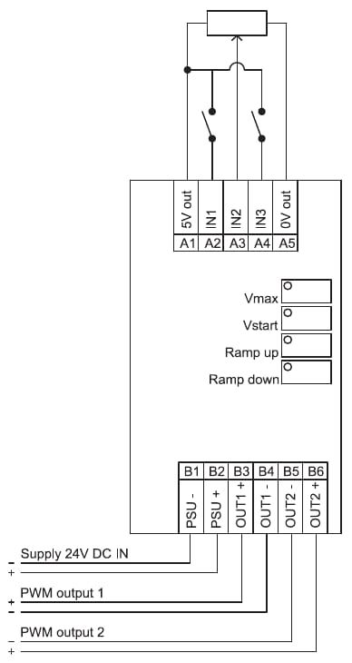 Wiring diagram PR159s01: potentiometer on A1, A3 and A5, switches on IN1 (A2) and IN3 (A4), supply on B1 and B2, PWM outputs on B3 and B4 and on B5 and B6