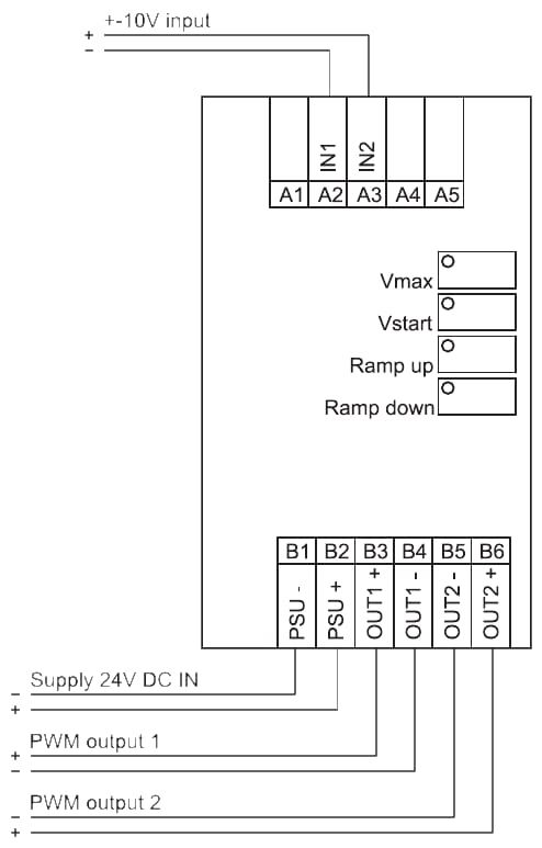 Aansluitschema PR159s25: ±10 V-ingang op A2 en A3, voeding op B1 en B2, PWM-uitgangen op B3 en B4 en op B5 en B6