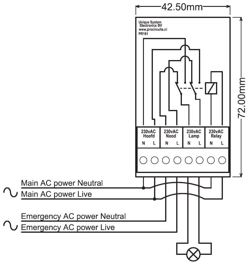 Aansluitschema en maattekening PR161: hoofdcircuit, noodcircuit, relaisspoel en lamp; print 42,5 x 72 mm