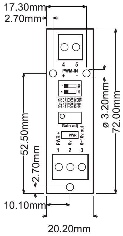 Maattekening PR168: print 20,2 x 72 mm, montagegaten Ø 3,2 mm