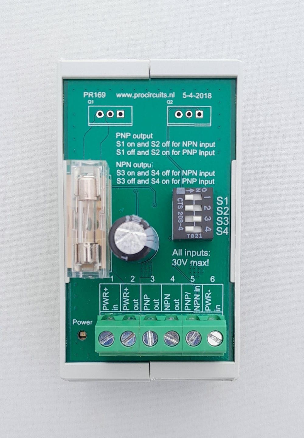 PR169 from above: fuse, DIP switch S1 to S4 with the settings printed on the board, and terminals 1 to 6