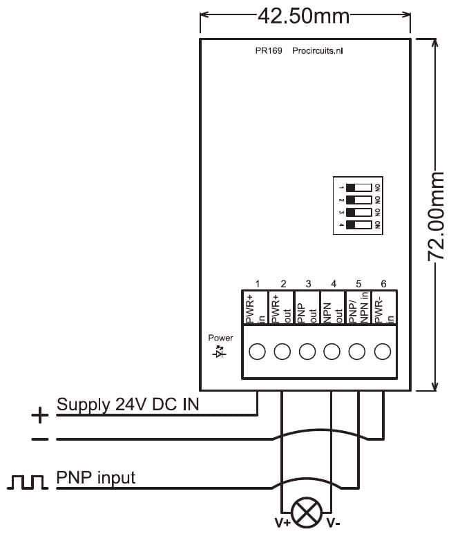 Wiring diagram PR169: PNP input on terminal 5, load between the fused plus (terminal 2) and the NPN output (terminal 4)