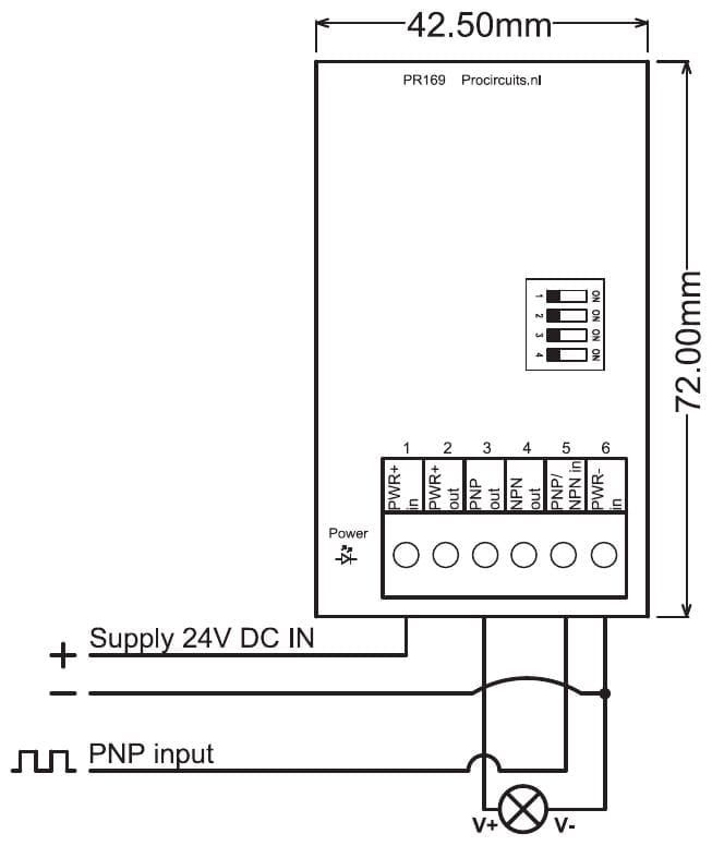 Wiring diagram PR169: PNP input on terminal 5, load between the PNP output (terminal 3) and the minus (terminal 6)