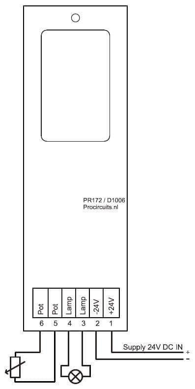 Aansluitschema PR172s01: voeding 24 V DC op klem 1 en 2, lamp op klem 3 en 4, potmeter op klem 5 en 6