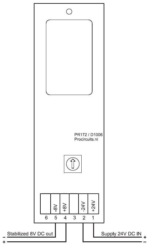 Aansluitschema PR172s02: voeding 24 V DC op klem 1 en 2, gestabiliseerde 8 V DC op klem 4 en 5
