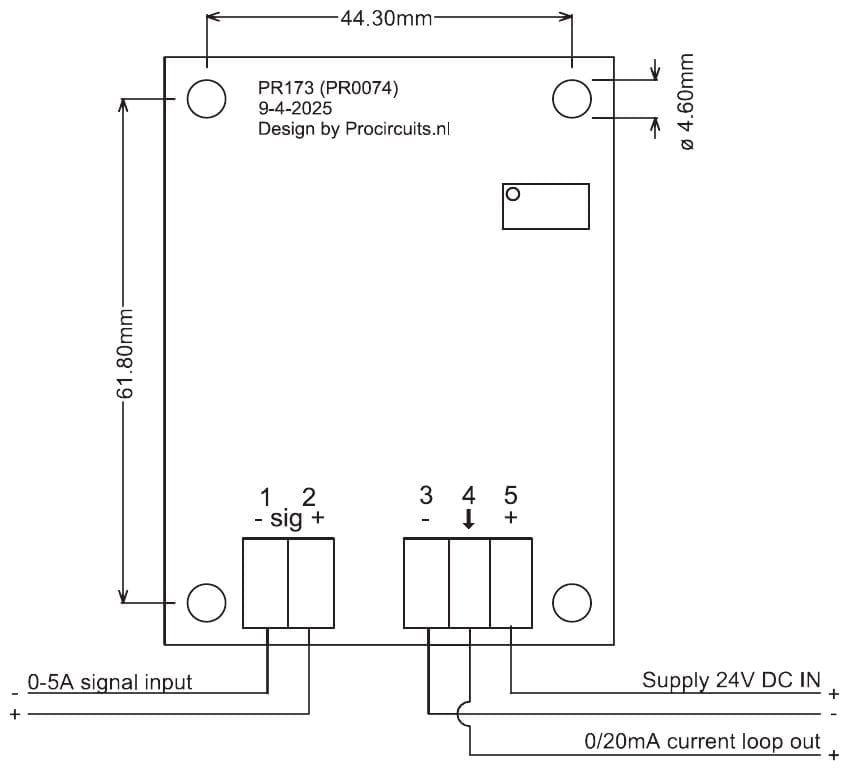 Aansluitschema en maattekening PR173: 0-5 A-ingang op klem 1 en 2, voeding 24 V DC op klem 3 en 5, uitgang 0-20 mA op klem 4; montagegaten 44,3 x 61,8 mm hart op hart
