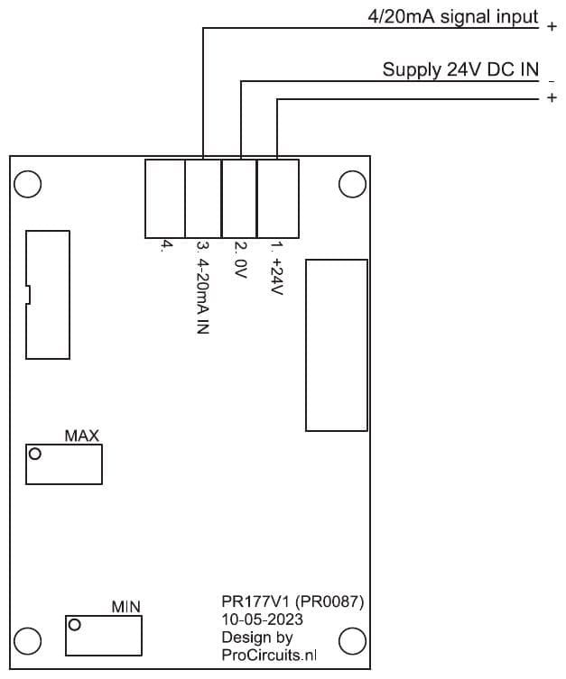Aansluitschema PR177: voeding 24 V DC op klem 1 en 2, 4-20 mA-ingang op klem 3