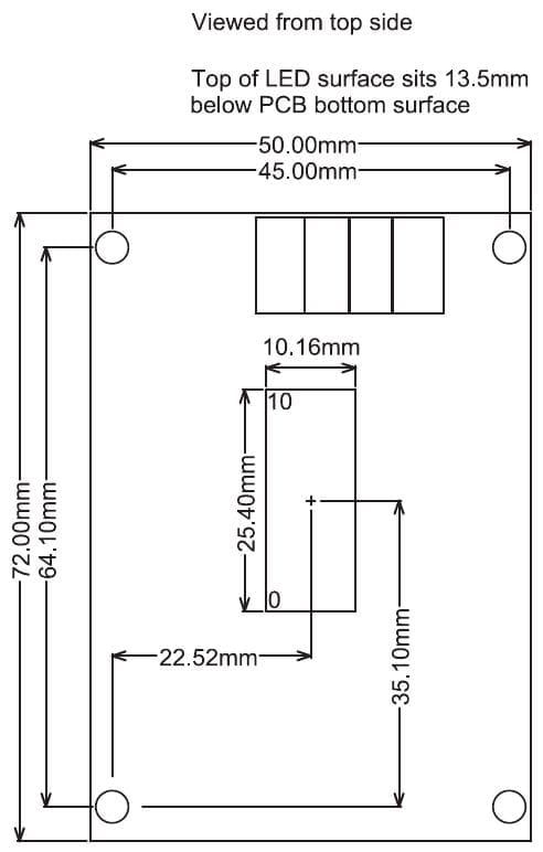 Maattekening PR177: print 50 x 72 mm, montagegaten 45 x 64,1 mm hart op hart