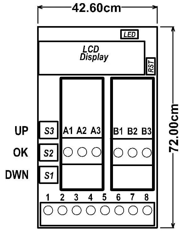 Printoverzicht PR181: display, knoppen UP, OK en DWN, insteekplaatsen A1 tot en met A3 en B1 tot en met B3 en klem 1 tot en met 8