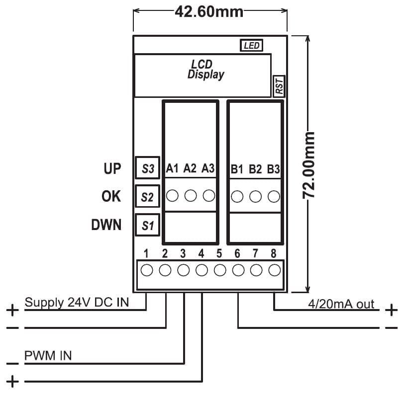 Aansluitschema PR181-X008: voeding op klem 1 en 2, PWM-ingang op klem 3 (min) en 4 (plus), uitgang 4-20 mA op klem 6 (min) en 8 (plus)