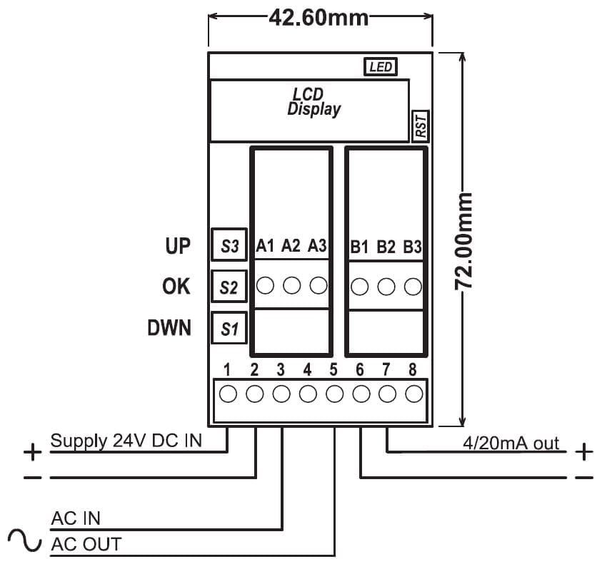 Aansluitschema PR181-X015: voeding op klem 1 en 2, wisselstroom in op klem 3 en uit op klem 5, uitgang op klem 6 (min) en 7 (plus)
