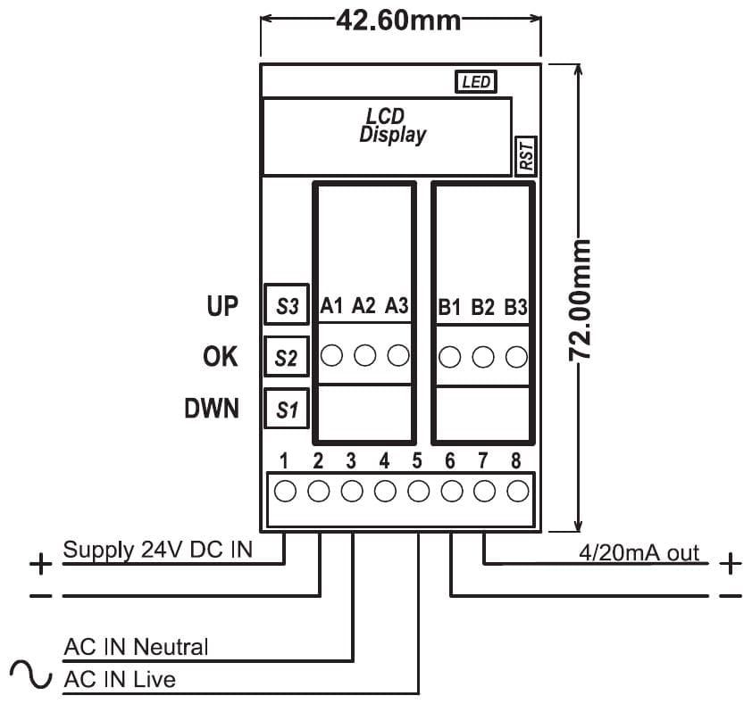 Aansluitschema PR181-X016: voeding op klem 1 en 2, wisselspanning met nul op klem 3 en fase op klem 5, uitgang op klem 6 (min) en 7 (plus)