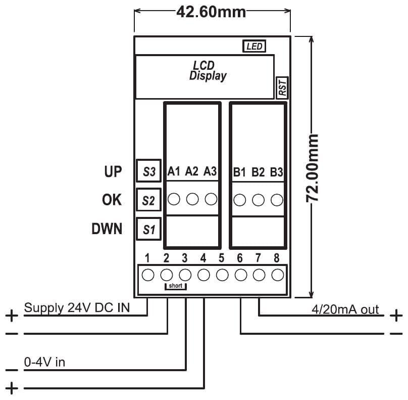 Aansluitschema PR181-X026: voeding op klem 1 en 2, ingang 0-4 V op klem 3 (min) en 4 (plus), klem 2 en 3 doorverbonden, uitgang 4-20 mA op klem 6 (min) en 7 (plus)