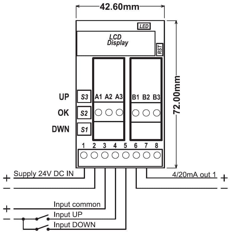 Aansluitschema PR181-X027, in de min geschakelde contacten: voeding op klem 1 en 2, gemeenschappelijke aansluiting op klem 3 aan de plus, contacten UP en DOWN op klem 4 en 5 vanaf de min, uitgang 4-20 mA op klem 6 (min) en 7 (plus)