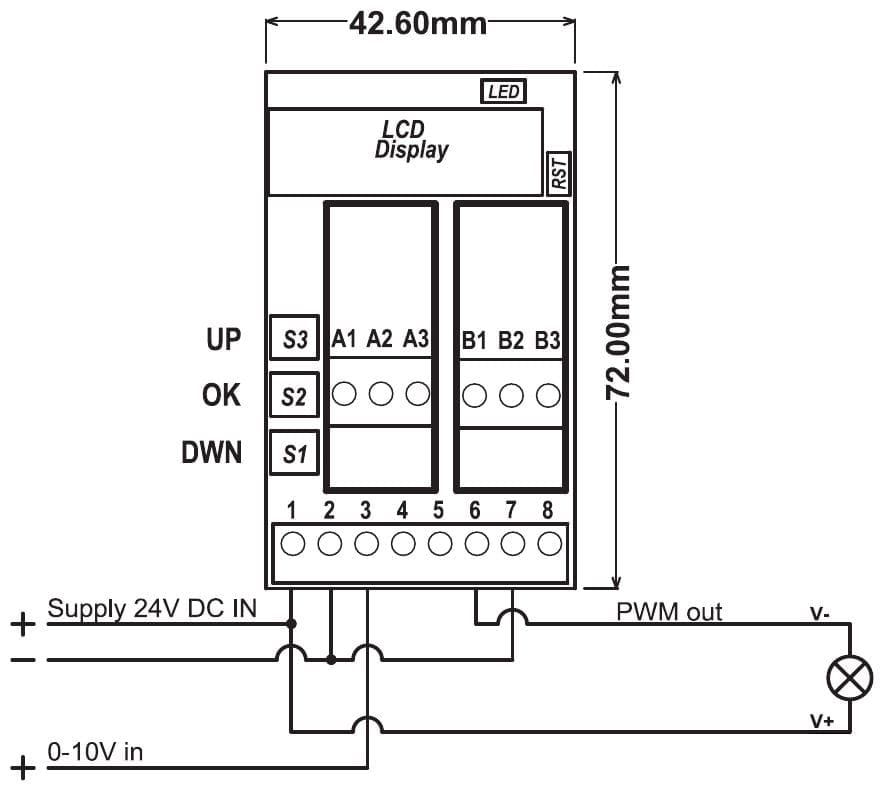 Aansluitschema PR181-X028: voeding op klem 1, 2 en 7, ingang 0-10 V op klem 3, last tussen de plus van de voeding en klem 6