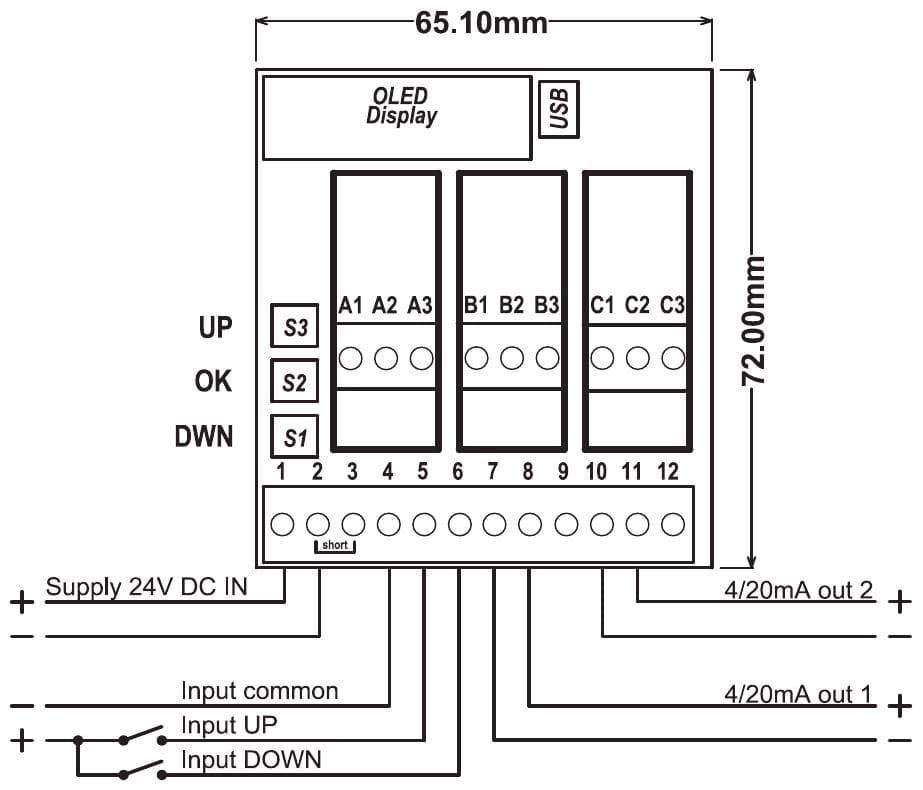 Aansluitschema PR181-X031, in de plus geschakelde contacten: voeding op klem 1 en 2, gemeenschappelijke aansluiting op klem 4 aan de min, contacten UP en DOWN op klem 5 en 6 vanaf de plus, uitgang 1 op klem 7 en 8, uitgang 2 op klem 10 en 11