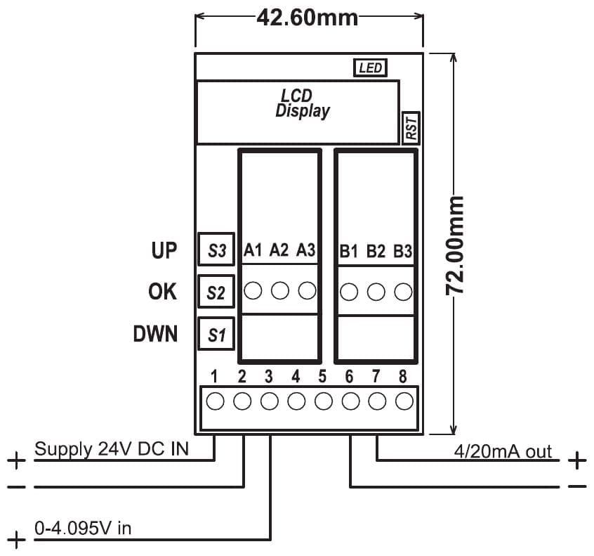 Aansluitschema PR181-X035: voeding op klem 1 en 2, ingang 0-4,095 V op klem 3, uitgang 4-20 mA op klem 6 (min) en 7 (plus)