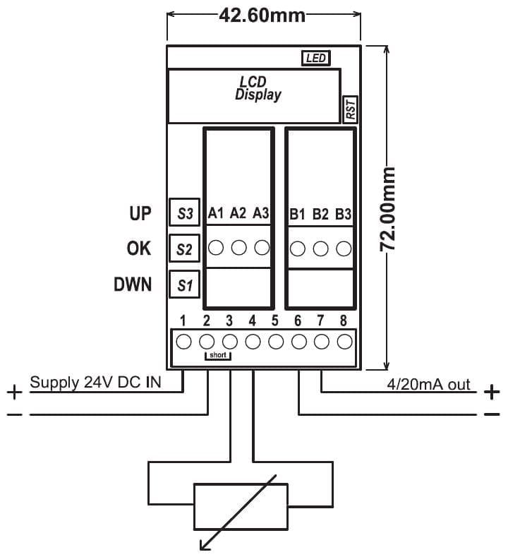 Aansluitschema PR181-X038: voeding op klem 1 en 2, weerstand op klem 3 en 4, uitgang 4-20 mA op klem 6 en 7