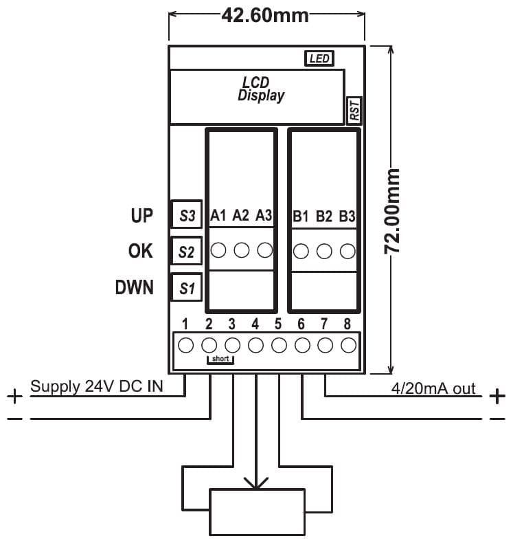 Aansluitschema PR181-X046: voeding op klem 1 en 2, joystick op klem 3, 4 en 5, uitgang 4-20 mA op klem 6 en 7