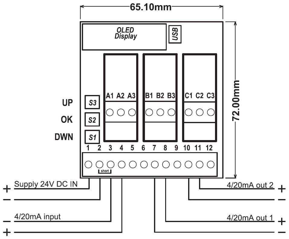 Aansluitschema PR181-X047: voeding op klem 1 en 2, ingang 4-20 mA op klem 3 (min) en 4 (plus), uitgang 1 op klem 7 en 8, uitgang 2 op klem 10 en 11