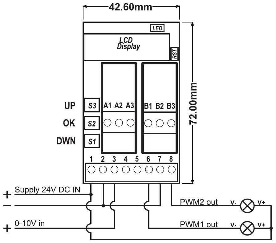 Aansluitschema PR181-X052: voeding op klem 1, 2 en 7, joystick 0-10 V op klem 3, twee lasten tussen de plus van de voeding en klem 6 en 8