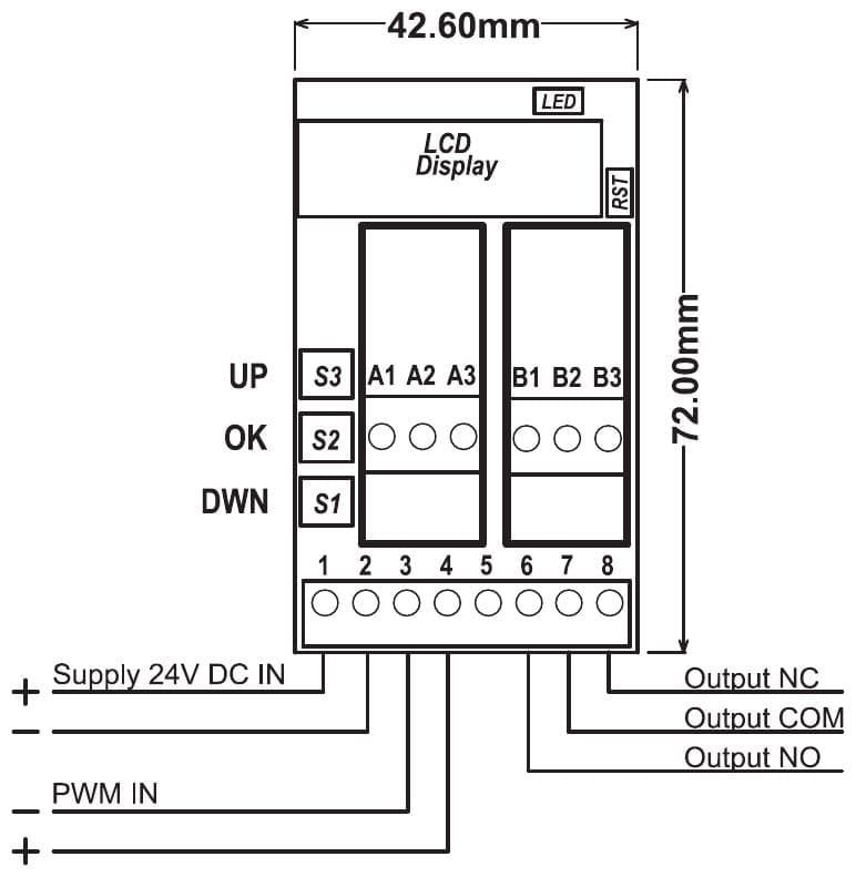 Aansluitschema PR181-X055: voeding op klem 1 en 2, PWM-ingang op klem 3 (min) en 4 (plus), relaiscontact op klem 6 (NO), 7 (COM) en 8 (NC)