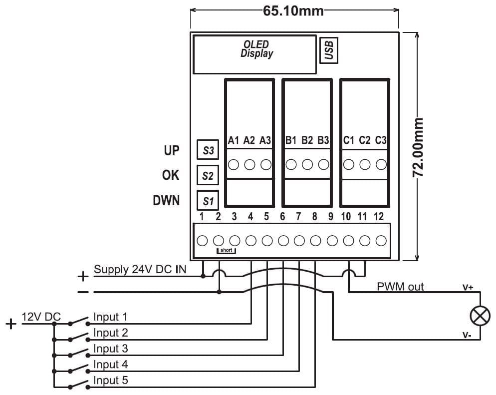 Wiring diagram PR181-X060: supply on terminals 1, 2 and 11, five 12 V DC switches on terminals 4 to 8, load between terminal 10 and the supply minus; board 65.1 x 72 mm