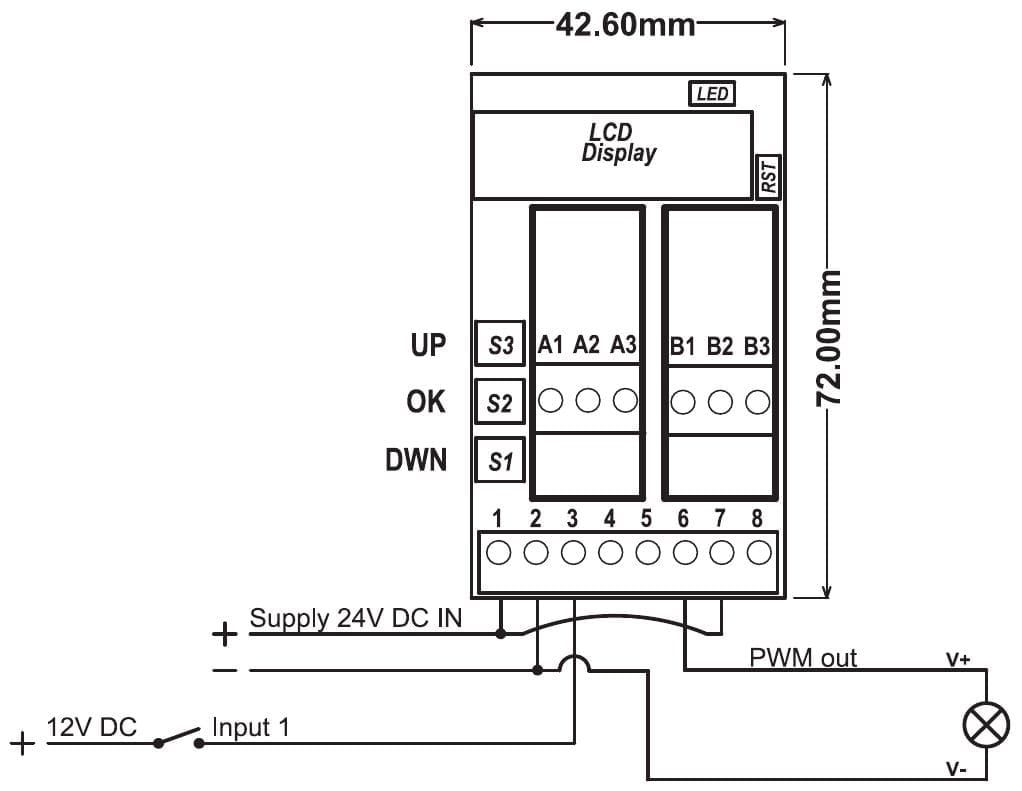 Wiring diagram PR181-X061: supply on terminals 1, 2 and 7, 12 V DC switch on terminal 3, load between terminal 6 and the supply minus