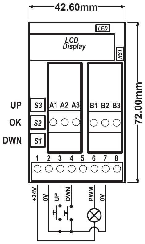 Aansluitschema en maten PR181-X062 (42,6 x 72 mm): voeding 24 V DC op klem 1 en 2, drukknoppen UP en DWN op klem 3 en 4, lamp tussen klem 6 (PWM) en klem 1