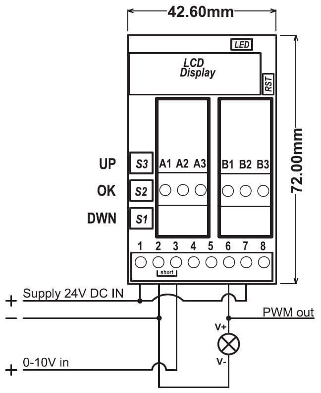 Wiring diagram PR181-X066: supply on terminals 1, 2 and 7, 0-10 V input on terminal 3, load between terminal 6 and the supply minus