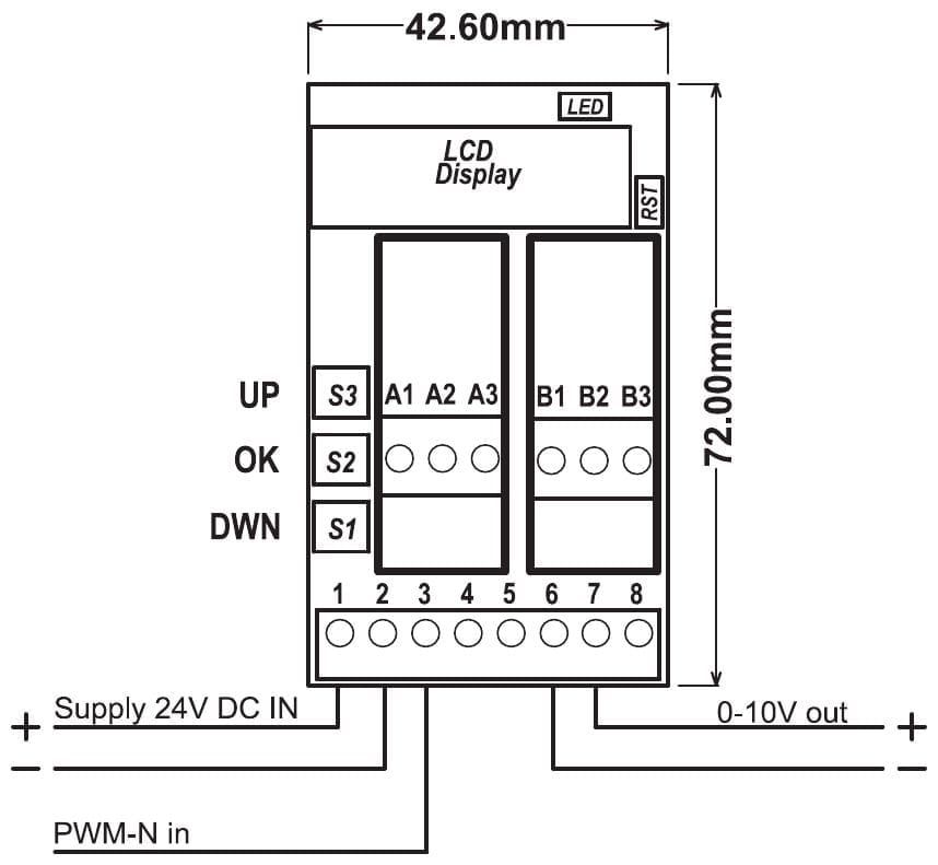 Aansluitschema PR181-X074: voeding op klem 1 en 2, PWM-ingang (in de min geschakeld) op klem 3, uitgang 0-10 V op klem 6 (min) en 7 (plus)