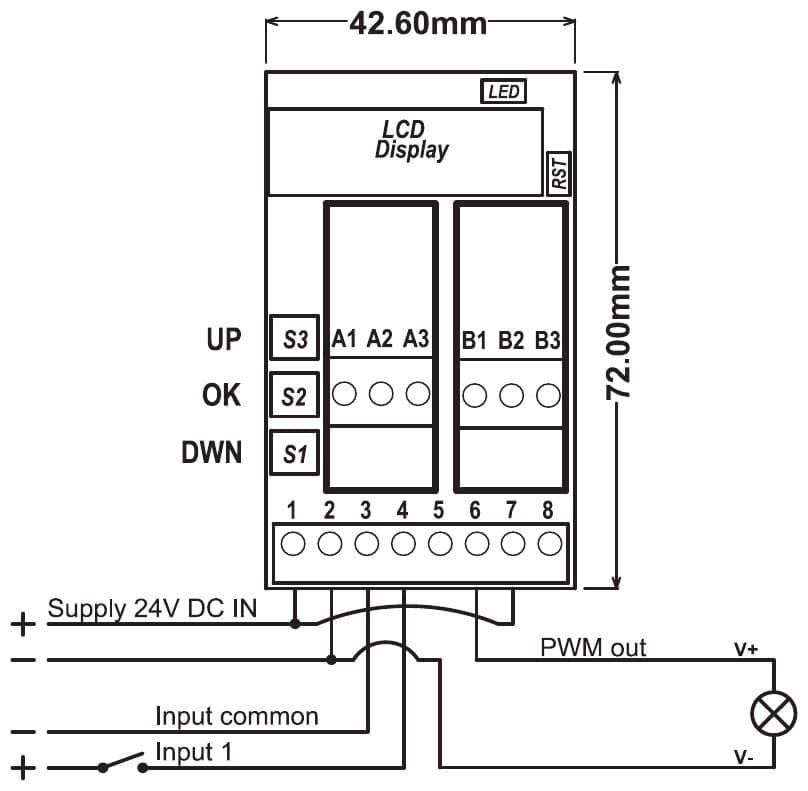 Wiring diagram PR181-X075: supply on terminals 1, 2 and 7, isolated input on terminals 3 and 4, load between terminal 6 and the supply minus